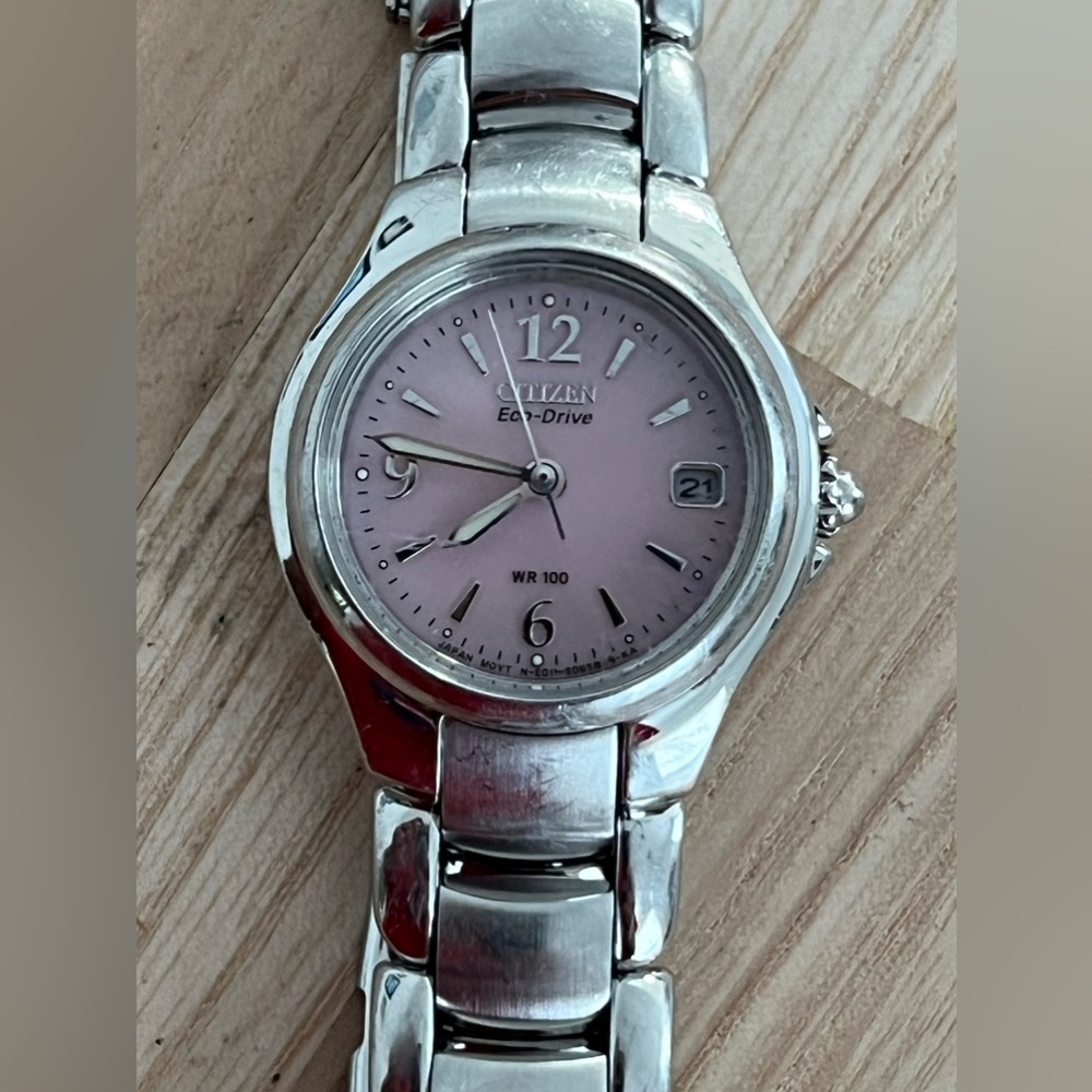 Citizen Eco-Drive Ladies Watch Pink Dial Stainless Bracelet WR100 Date Window